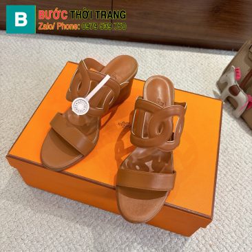 Dép cao gót Hermes siêu cấp màu nâu sang trọng da bò đế gỗ cao 7cm