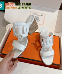 Dép cao gót Hermes siêu cấp màu trắng sang trọng da bò đế gỗ cao 7cm