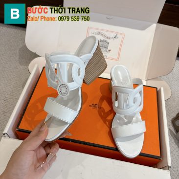 Dép cao gót Hermes siêu cấp màu trắng sang trọng da bò đế gỗ cao 7cm