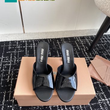Dép cao gót MIU MIU màu đen cao cấp da bóng mượt gót nhỏ tôn dáng đế cao 5cm & 10cm