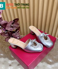 Dép cao gót VALENTINO hở gót màu bạc mũi tròn chất da bò mềm đanh đế cao 5,5cm