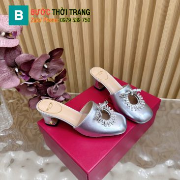 Dép cao gót VALENTINO hở gót màu bạc mũi tròn chất da bò mềm đanh đế cao 5,5cm