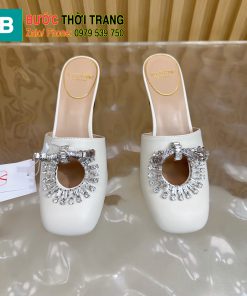 Dép cao gót VALENTINO hở gót màu trắng mũi tròn chất da bò mềm đanh đế cao 5,5cm
