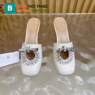 Dép cao gót VALENTINO hở gót màu trắng mũi tròn chất da bò mềm đanh đế cao 5,5cm