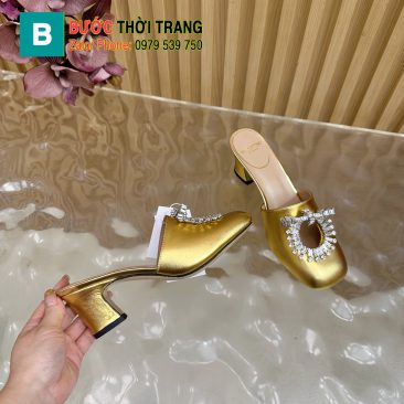 Dép cao gót VALENTINO hở gót màu vàng mũi tròn chất da bò mềm đanh đế cao 5,5cm