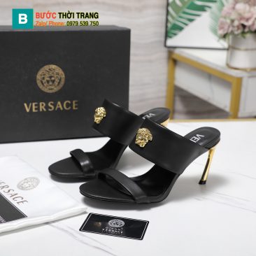 Dép cao gót Versace siêu cấp gót nhỏ màu đen cao 8,5cm logo nổi bật