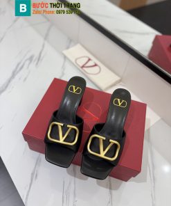 Dép cao gót Valentino màu đen siêu cấp chất da mềm đanh logo vàng bóng, dép cao 6cm