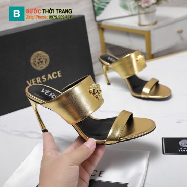 Dép cao gót Versace siêu cấp gót nhỏ màu vàng cao 8,5cm logo nổi bật