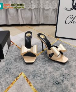 Guốc cao gót YSL màu be sang trọng quai nơ xinh xắn đế nhỏ thanh lịch cao 10,5cm