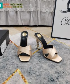 Guốc cao gót YSL màu be sang trọng đế chữ cái logo nổi bật cao 11cm