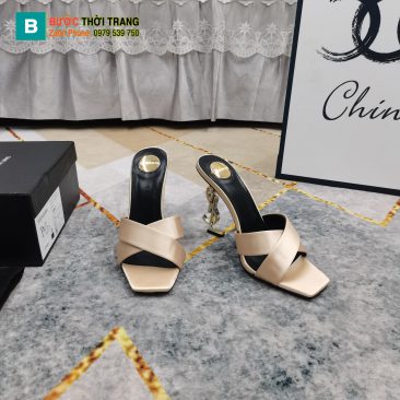 Guốc cao gót YSL màu be sang trọng đế chữ cái logo nổi bật cao 11cm