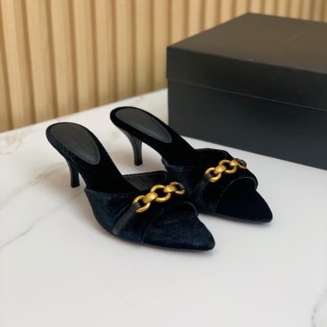 Dép cao gót  YSL màu đen sang trọng chất liệu nhung mềm êm chân gót cao 4cm