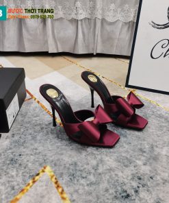 Guốc cao gót YSL màu đỏ nhung sang trọng quai nơ xinh xắn đế nhỏ thanh lịch cao 10,5cm