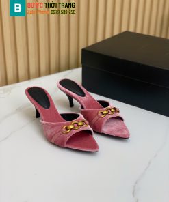 Dép cao gót  YSL màu hồng trầm sang trọng, chất liệu nhung mềm êm chân gót cao 4cm