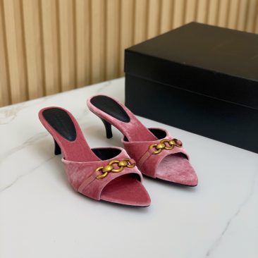 Dép cao gót  YSL màu hồng trầm sang trọng, chất liệu nhung mềm êm chân gót cao 4cm