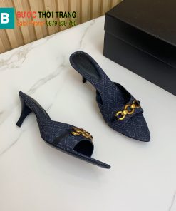 Dép cao gót  YSL màu xanh đậm sang trọng, chất liệu vải denim gót cao 4cm