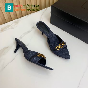 Dép cao gót  YSL màu xanh đậm sang trọng, chất liệu vải denim gót cao 4cm