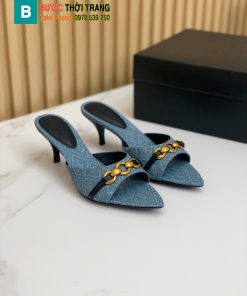 Dép cao gót  YSL màu xanh nhạt sang trọng chất liệu vải denim gót cao 4cm