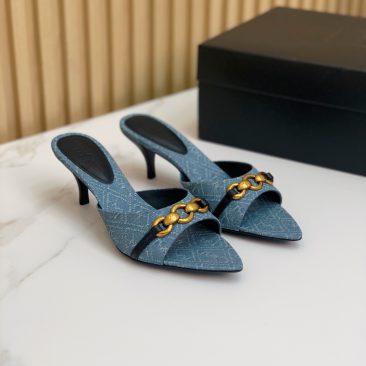 Dép cao gót  YSL màu xanh nhạt sang trọng chất liệu vải denim gót cao 4cm