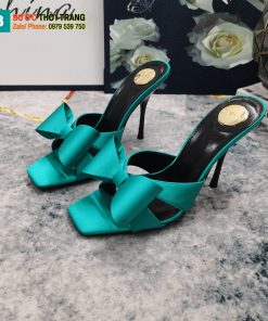 Guốc cao gót YSL màu xanh ngọc sang trọng quai nơ xinh xắn đế nhỏ thanh lịch cao 10,5cm