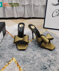 Guốc cao gót YSL màu xanh rêu sang trọng quai nơ xinh xắn đế nhỏ thanh lịch cao 10,5cm