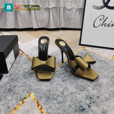 Guốc cao gót YSL màu xanh rêu sang trọng quai nơ xinh xắn đế nhỏ thanh lịch cao 10,5cm