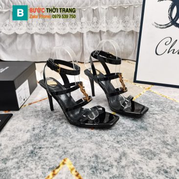 Dép cao gót Ysl siêu cấp màu đen da bóng logo vàng sáng rất đẹp