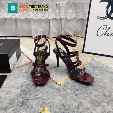 Dép cao gót Ysl siêu cấp màu đỏ đô trầm da bóng logo vàng sáng rất đẹp