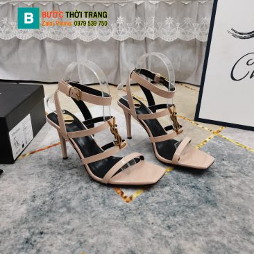 Dép cao gót Ysl siêu cấp màu nude da bóng logo vàng sáng rất đẹp