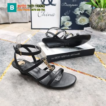 Dép sandal YSL màu đen gót cao 3,5cm logo vàng bóng nổi bật