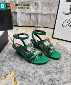Dép sandal YSL màu xanh lá cây gót cao 3,5cm logo vàng bóng nổi bật