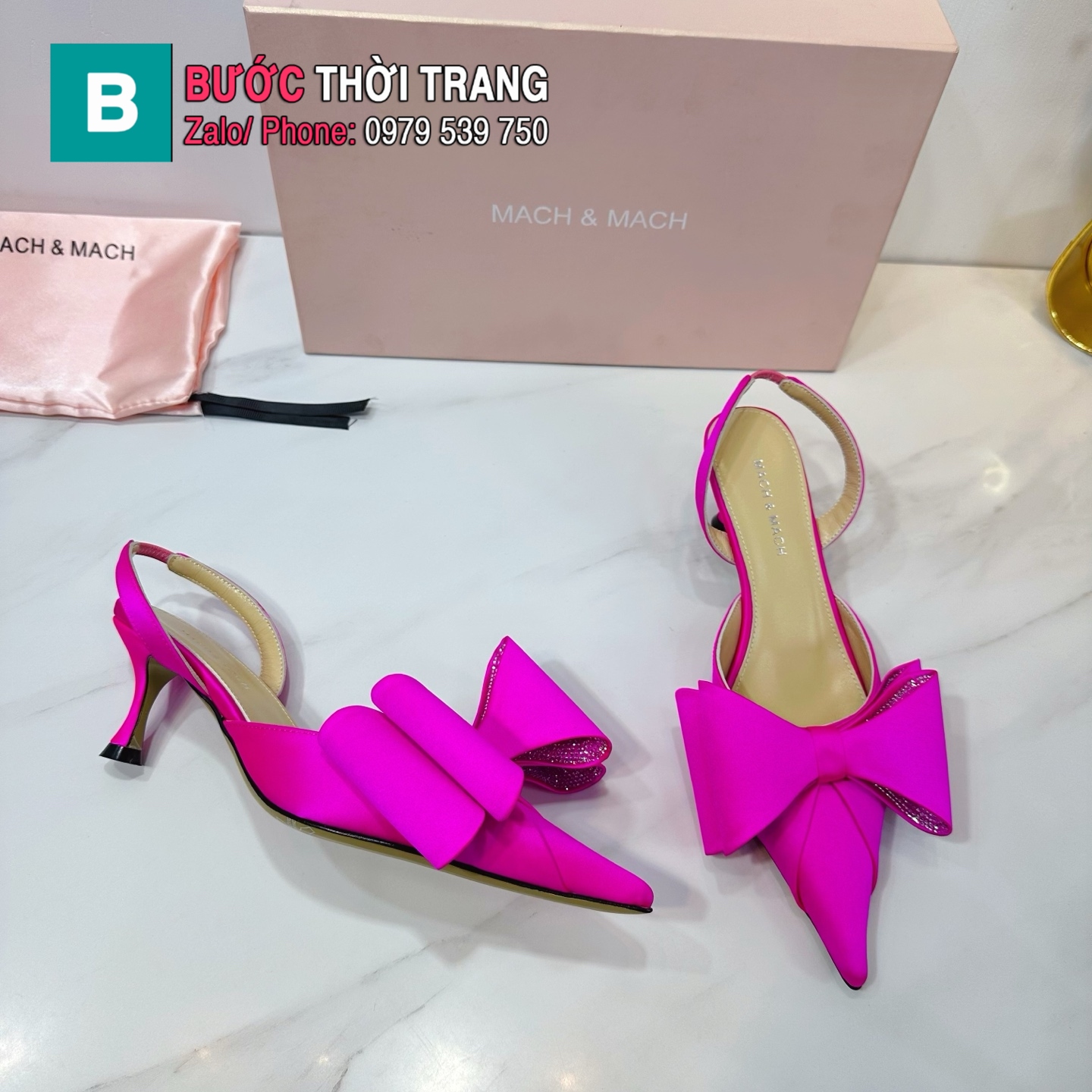 Giày cao gót Mach Mach quai cánh bướm chất lụa cao 5.5cm màu hồng cánh sen