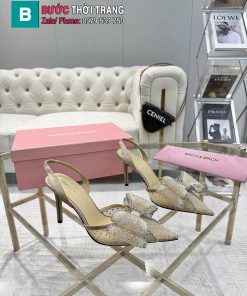 Giày cao gót Mach Mach bản đính đá lưới cao 9cm màu be