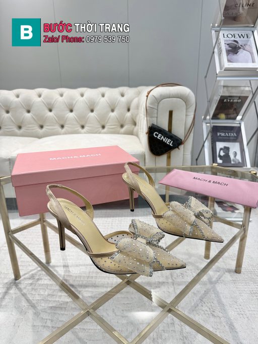 Giày cao gót Mach Mach bản đính đá lưới cao 9cm màu be