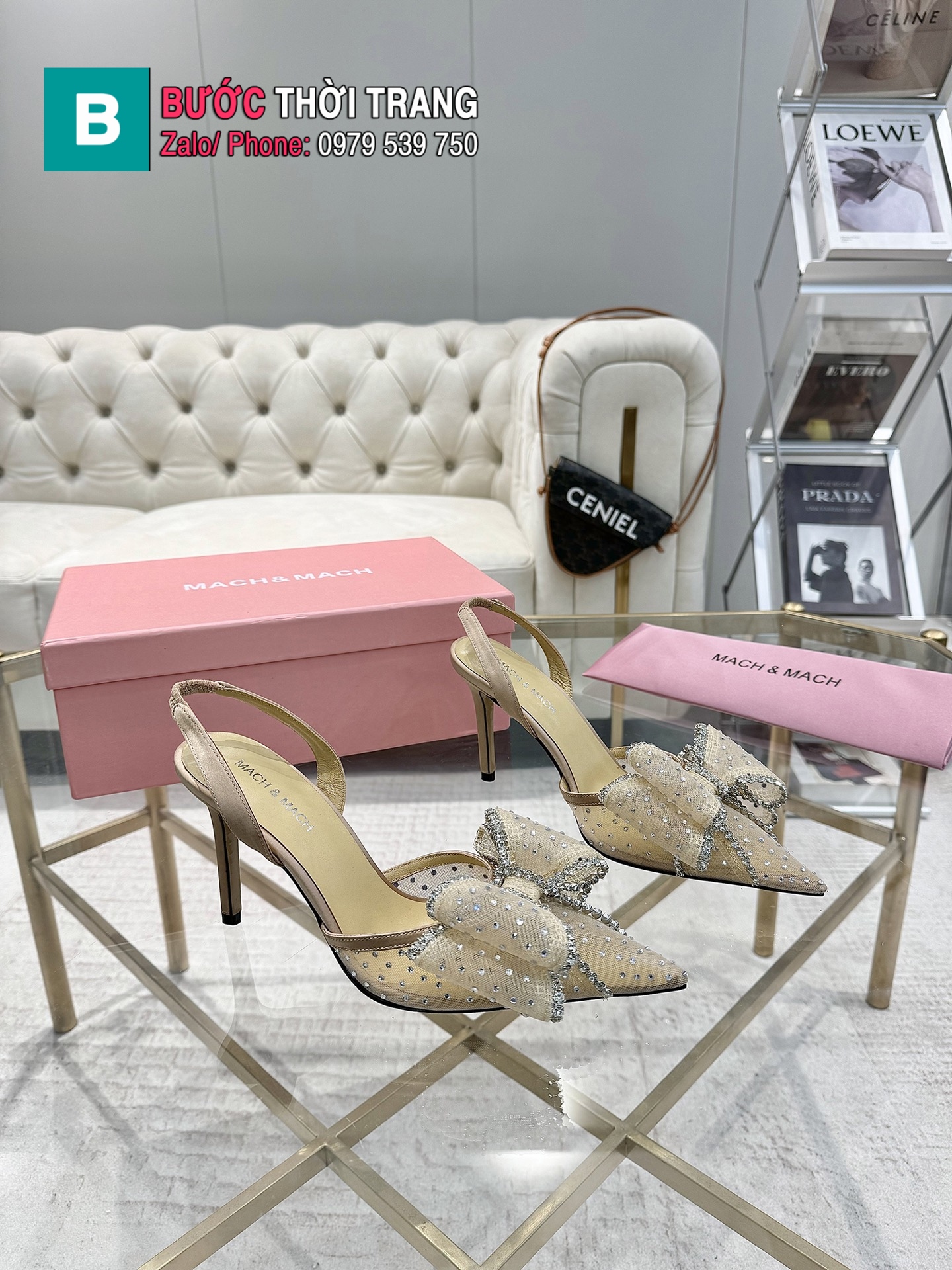 Giày cao gót Mach Mach bản đính đá lưới cao 9cm màu be