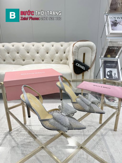 Giày cao gót Mach Mach bản đính đá lưới cao 9cm màu xám