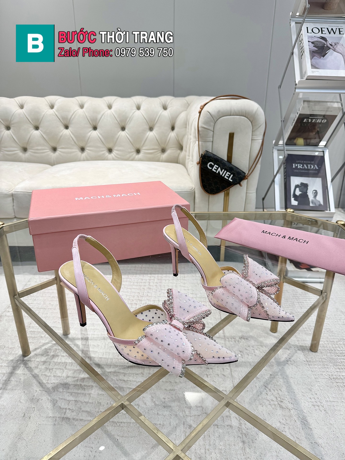 Giày cao gót Mach Mach bản đính đá lưới cao 9cm màu hồng nhẹ lịch thiệp