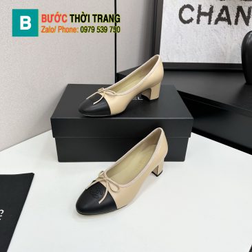 Giày búp bê Chanel siêu cấp màu be đen đế cao thanh lịch đính nơ xinh xắn