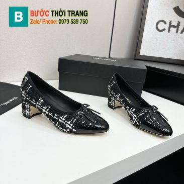 Giày búp bê Chanel siêu cấp màuđen chất liệu vải dạ tweed đế cao thanh lịch đính nơ xinh xắn