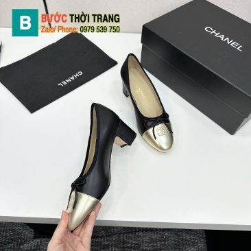 Giày búp bê Chanel siêu cấp màu đen mũi vàng đế cao thanh lịch đính nơ xinh xắn