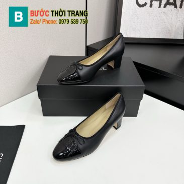 Giày búp bê Chanel siêu cấp màu đen đế cao thanh lịch đính nơ xinh xắn