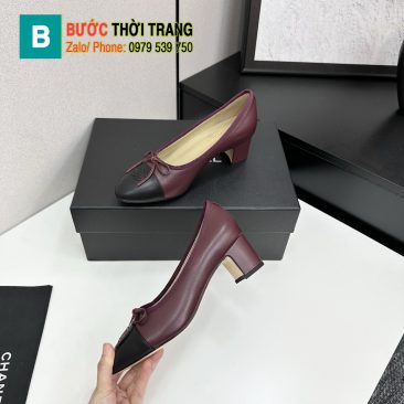 Giày búp bê Chanel siêu cấp màu đỏ đô trầm mũi đen đế cao thanh lịch đính nơ xinh xắn