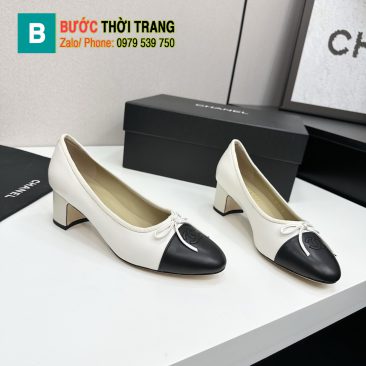 Giày búp bê Chanel siêu cấp màu trắng mũi đen đế cao thanh lịch đính nơ xinh xắn