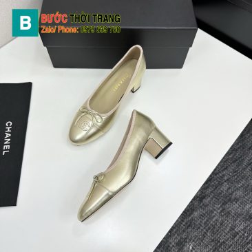 Giày búp bê Chanel siêu cấp màu vàng đế cao thanh lịch đính nơ xinh xắn