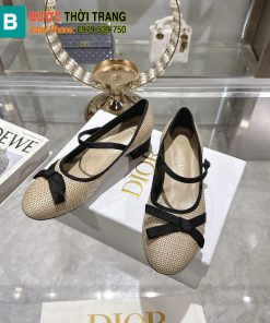 Giày búp bê Dior màu be chất vải lụa mềm mượt họa tiết chiếc nơ xinh xắn