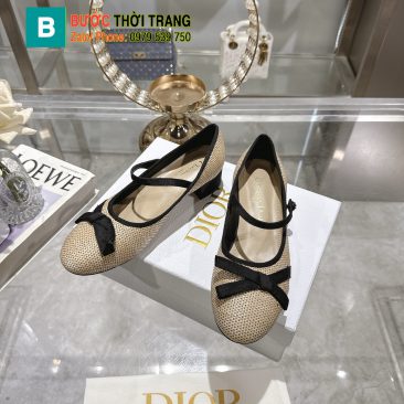 Giày búp bê Dior màu be chất vải lụa mềm mượt họa tiết chiếc nơ xinh xắn