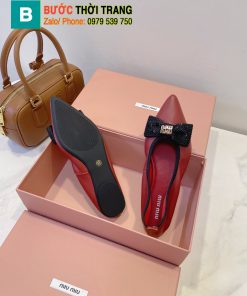 Giày búp bê Miu miu màu đỏ đô nhạt chất da bò dẻo xịn họa tiết nơ logo đính đẹp mắt