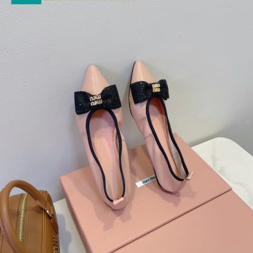 Giày búp bê Miu miu màu hồng phấn chất da bò dẻo xịn họa tiết nơ logo đính đẹp mắt