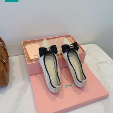 Giày búp bê Miu miu màu be chất da bò dẻo xịn họa tiết nơ logo đính đẹp mắt