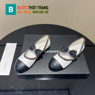 Giày búp bê nữ Chanel màu trắng đen siêu cấp họa tiết dây nơ xinh xắn